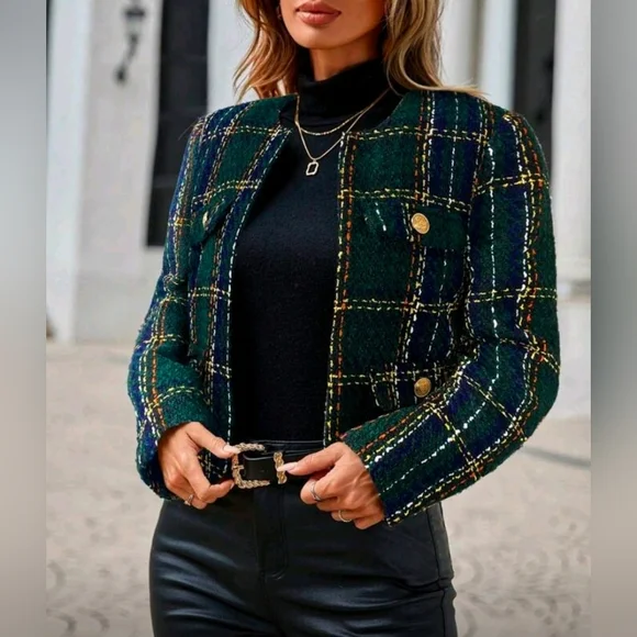 New Luxe Plaid Tweed Jacket Blazer Navy Blue Green White